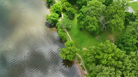 Top-down Aerial Tracking Shot of Algonkian Regional Park Shoreline Stock Footage 342127197