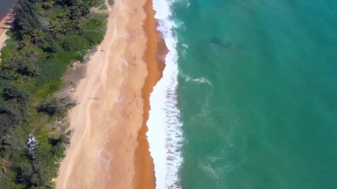 Top down aerial of turquoise waves washing a sandy tropical beach in Hainan 库存影片 348545355