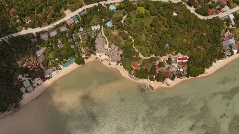Top Down Aerial of Two Bays and Beach Resorts, Koh Phangan Thailand Video stock 347978995