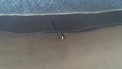 Top down aerial of two surfers walking on a beach a lock down shot The Conc.. Stock-Footage 317564680