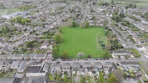 Top-down aerial of vibrant rectangular recreation ground “The Rec” bordered by Stock Footage 310600209