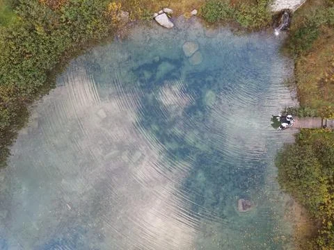 Top-down aerial view of alpine pond Stock Photos