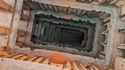 Top down aerial view of ancient Indian stepwell with stairs depth perspective Video stock 343873570