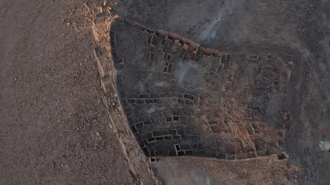 Top-Down Aerial View of Ancient Stone Ruins Layout in Desert Stock Photos