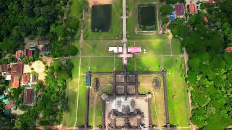 Top Down Aerial View of Angkor Wat Temple Complex, UNESCO World Heritage Site Stock Footage 339324266