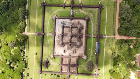 Top Down Aerial View of Angkor Wat Temple and Surrounding Lawns, Siem Reap Stock-Footage 347318218