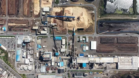 Top-down aerial view of Arauco cellulose pulp mill in Constitucion, Chile. Stock Footage 335705216