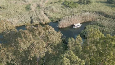 Top-down Aerial View of Azmak River and Tour Boats  Akyaka Turkey 16 Aug 2023 Stockbeeldmateriaal 329379656