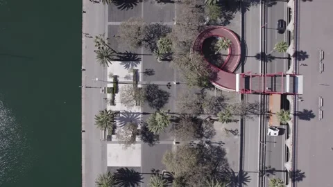 Top Down Aerial View of Barcelona Waterfront with Palm Trees and Traffic Stock Footage 343536374