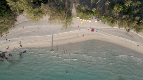 Top down aerial view of beach with tourists Stock Footage 154454490