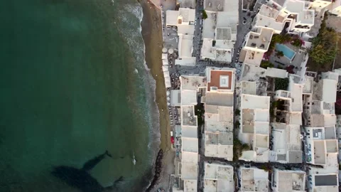Top Down Aerial View of Beach and Beachfront Buildings on Paros Island, Stock-Footage 230461886