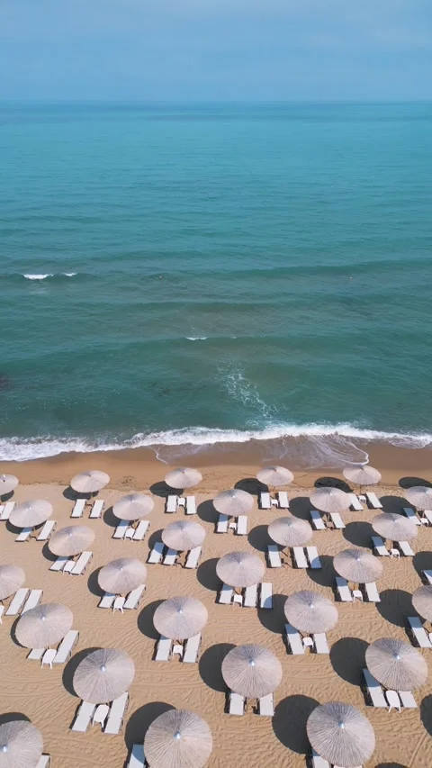 Top Down Aerial View of Beach Umbrellas on Sandy Coast and Sea Vídeos de archivo 340392005