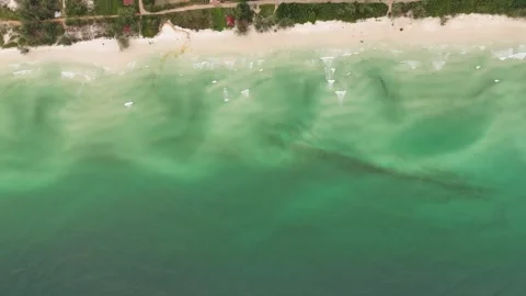 Top Down Aerial View of Beach, Pier and Shallow Waves, Koh Rong Cambodia Stock-Footage 347315624