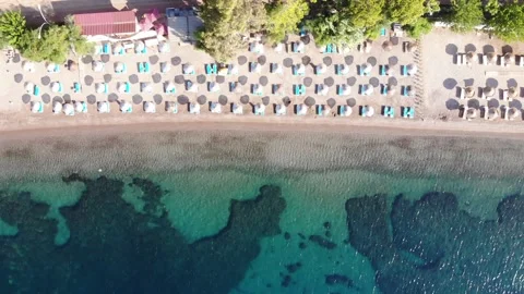 Top down aerial view beautiful beach. Pontoon at sea Видео 138089296
