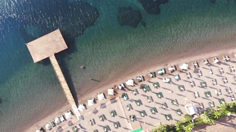 Top down aerial view beautiful beach. Pontoon at sea Video stock 138089409