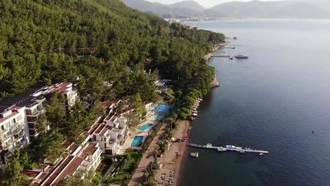 Top down aerial view beautiful beach. Pontoon at sea Video stock 138089411
