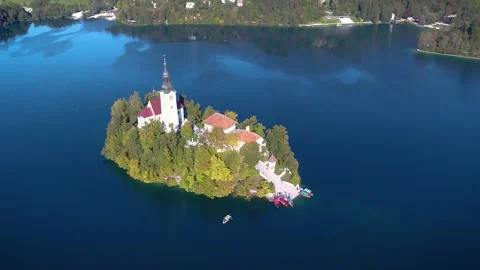 Top down aerial view of Bled Island and church Stock Footage 324712225