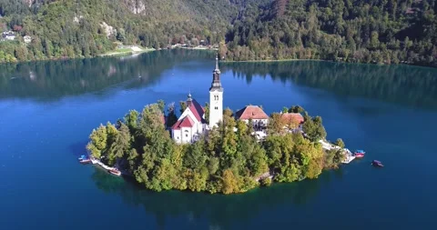 Top-down aerial view of Bled Island in Lake Bled Stock Footage 325670141