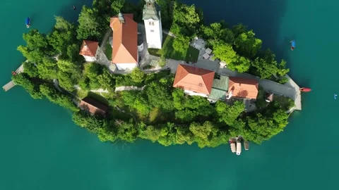Top-Down Aerial View of Bled Island and Church, Slovenia Stock Footage 337230184