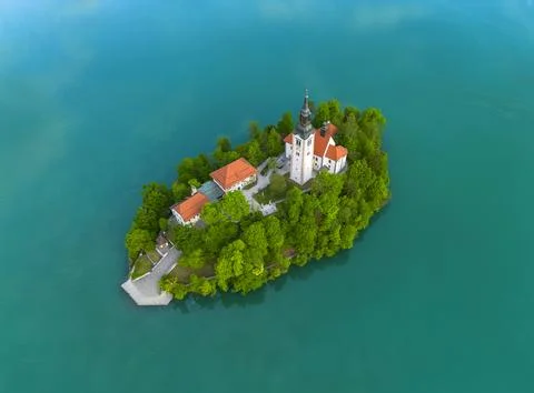 Top-Down Aerial View of Bled Island and Lake Bled in Slovenia Fotos de archivo