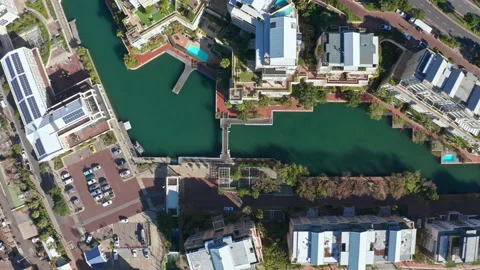 Top down aerial view of the blue marina canal and its geometric lines Stock Footage 169888929