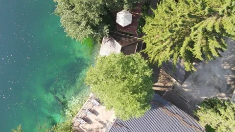 Top-down aerial view of the Blue Lake shore Stock Footage 337097014