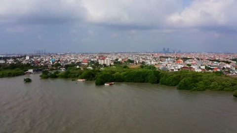 Top Down Aerial View Boat Sailing On Sea Water Surabaya East Java Indonesia Stock Footage 340485796