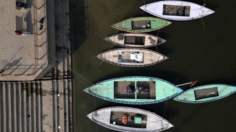 Top Down Aerial View of Boats Moored on the Ganges River, Varanasi, India Stock-Footage 249767449