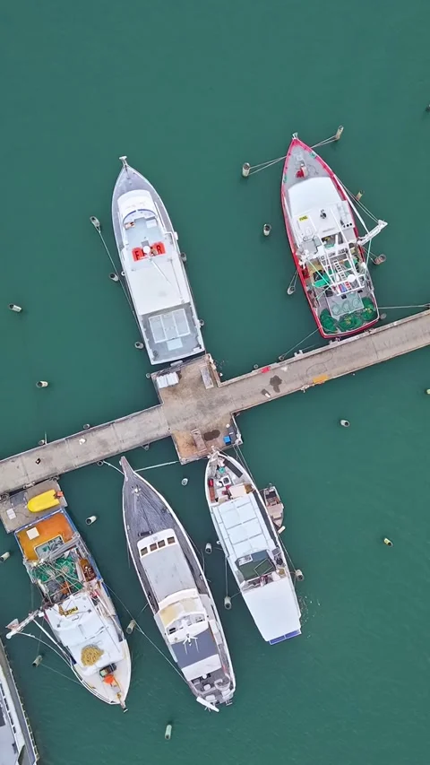 Top down aerial view of boats moored at marina pier Stock Footage 334785811