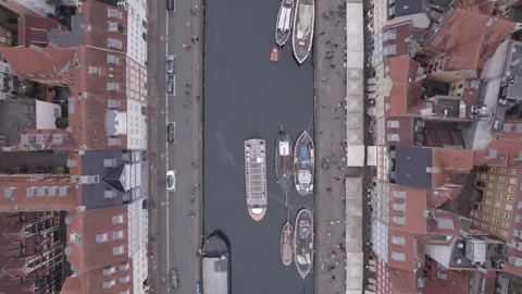 Top Down Aerial View of Boats in Copenhagen Canal Stock Footage 343532477