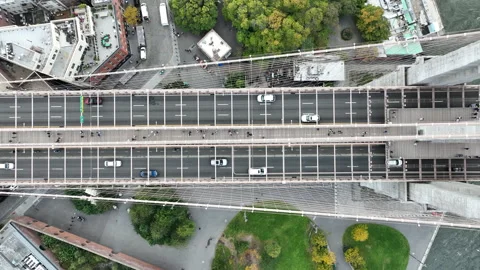 Top-down Aerial View Of Brooklyn Bridge In New York City With Traffic And Stock Footage 321941862