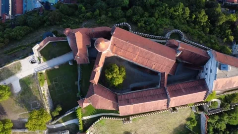 Top-Down Aerial View of Burghausen Castle Courtyards and Rooftops Video stock 343961551