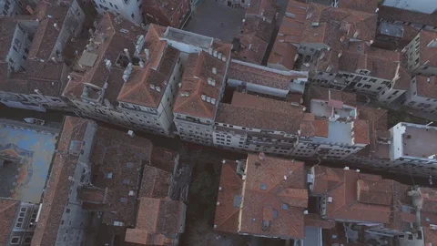 Top down aerial view of canals, bridges and rooftops in Venice, Italy Stock Footage 129839199