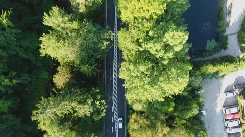 Top Down Aerial View Of The Car Driving Along The Road In Countryside District Stock Footage 116627649