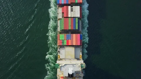 Top down Aerial view, Cargo vessel sail to the sea with peaceful wave. Stock Footage 116776039