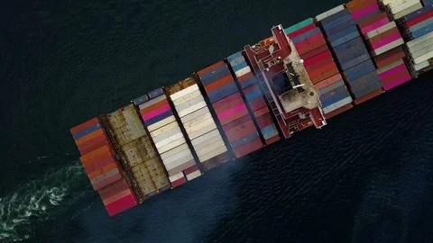 Top down Aerial view, Cargo vessel sail to the sea. Bird's eye view shot. Stock Footage 122720789