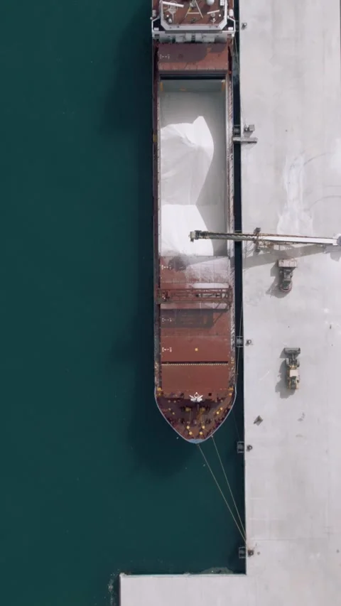 Top Down Aerial View of Cargo Ship Loading Bulk Material at Port Stock Footage 345824496