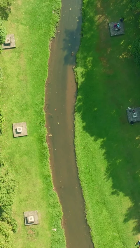 Top down aerial view of central park canal in Yogyakarta Stock Footage 342577474