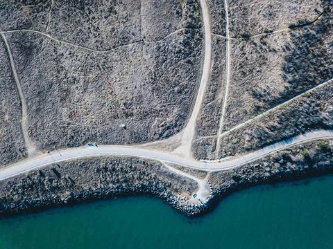 A top down aerial view of Cesar Chavez Park in Berkeley California United States Stock Photos