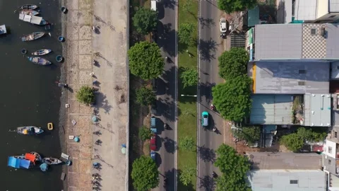Top Down Aerial View of Coastal Road and Waterfront in Da Nang Stock Footage 340199074