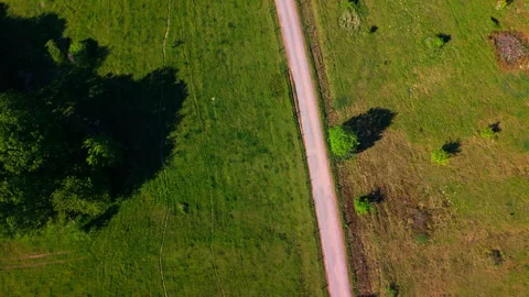 Top-Down Aerial View of a Countryside Road Through Green Meadows 動画素材 338185937