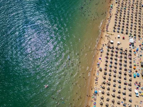 Top Down Aerial View of Crowded Golden Sands Beach in Bulgaria 스톡 사진