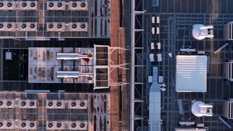 Top Down Aerial View of Data Center Rooftop Cooling Fans in Warsaw, Fire Safety Stock Footage 317093651