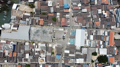 Top Down Aerial View of Dense Coastal Urban Neighborhood and Street Network 스톡 사진