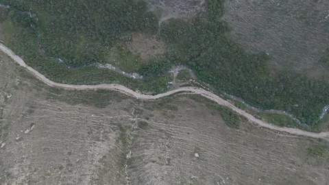 Top-down aerial view of a dirt road along a forested stream, Kyrgyzstan Stockbeeldmateriaal 347240132