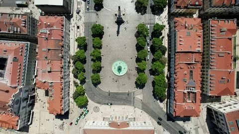 Top down aerial view of Dom Pedro IV square in Baixa District of Lisbon Stock Footage 207712914