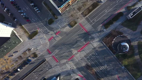 Top down aerial view of empty streets of Warsaw during Covid-19 lockdown Stock Footage 136481854