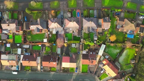 Top Down Aerial View of English Homes and Green Gardens 4K Stock Footage 345142172