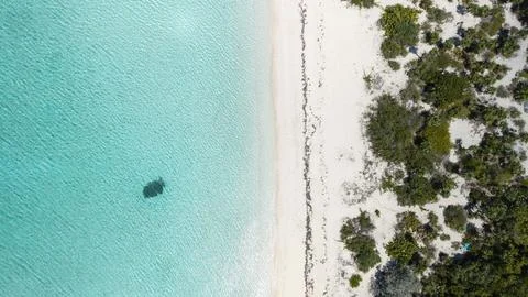 Top Down Aerial View of Exuma Bahamas Tropical Beach and Turquoise Water Stock Photos