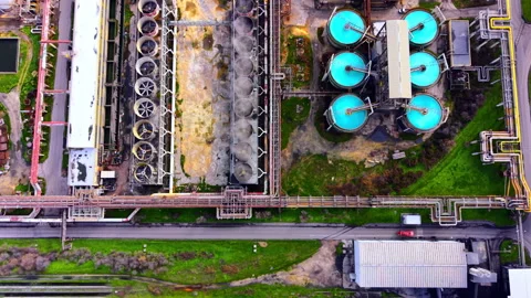Top down aerial view of factory infrastructure and a coal yard, Varna, Bulgaria. Stock Footage 336729141